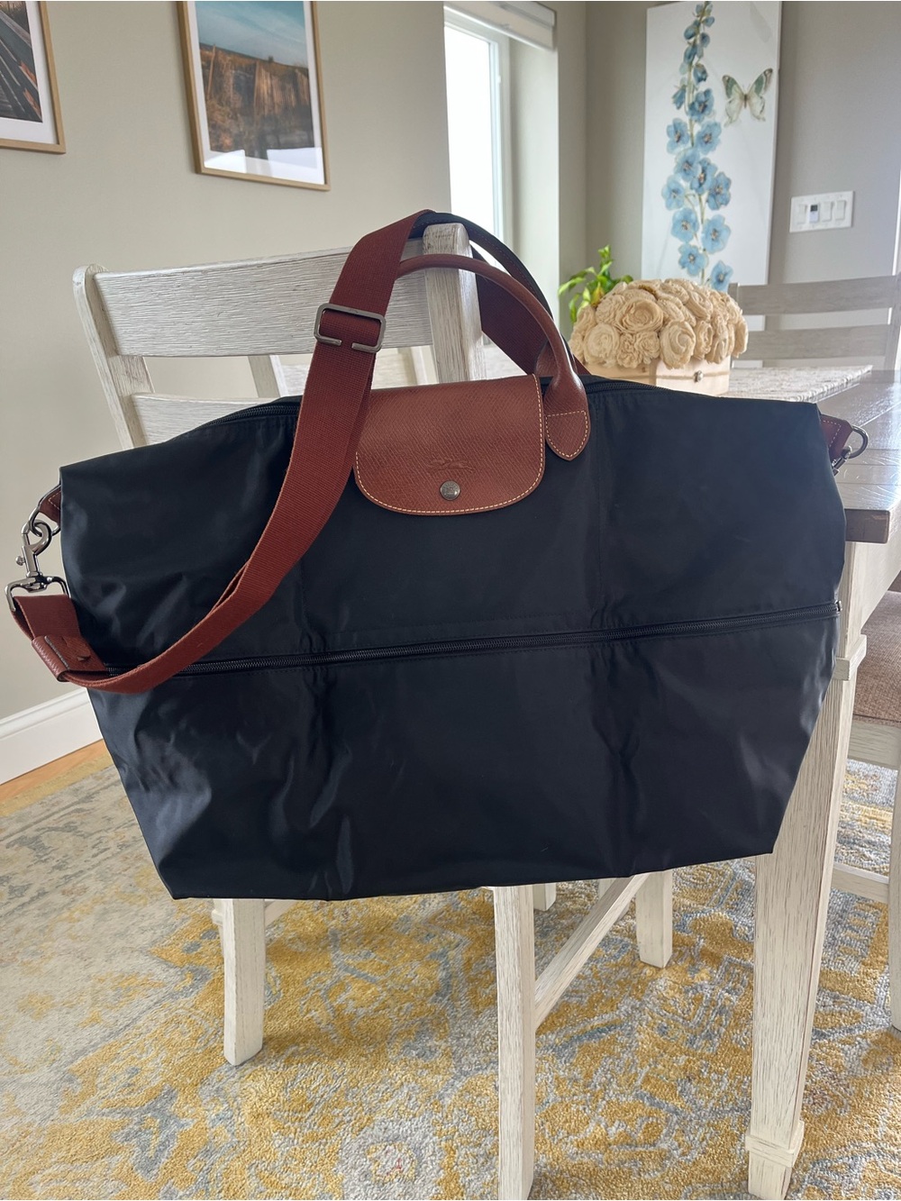 Longchamp Expandable Packable Weekender Travel Bag Duffle Bag Black Brown NWOT